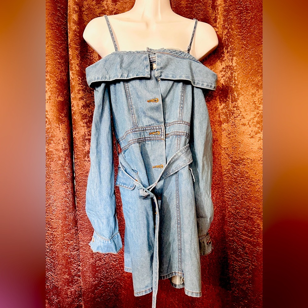 Off The Shoulder Belted Denim Dress